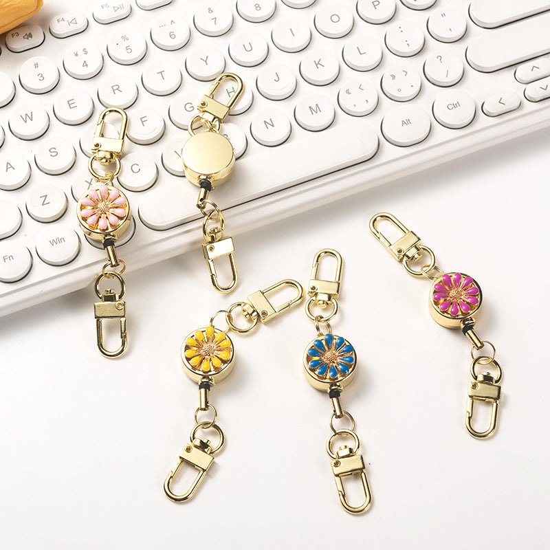 Wholesale Metal Flower Crystal Retractable Breast Tag Pull Button Keychain